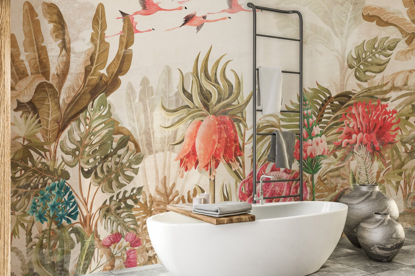 Havana art wall mural installed in a bathroom behind a white tub.