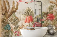 Havana art wall mural installed in a bathroom behind a white tub.