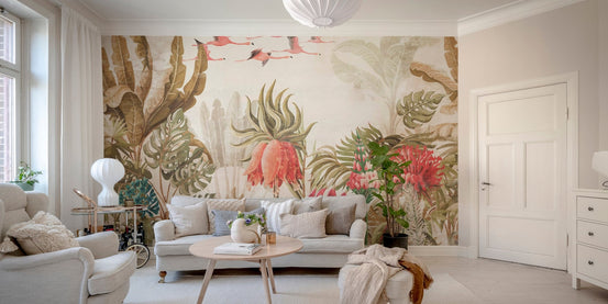 Havana peel-and-stick tropical wall mural in bright living room.
