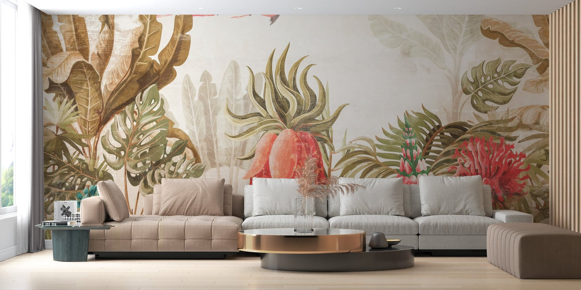 Large scale floral art wall mural behind a grey sectional sofa.