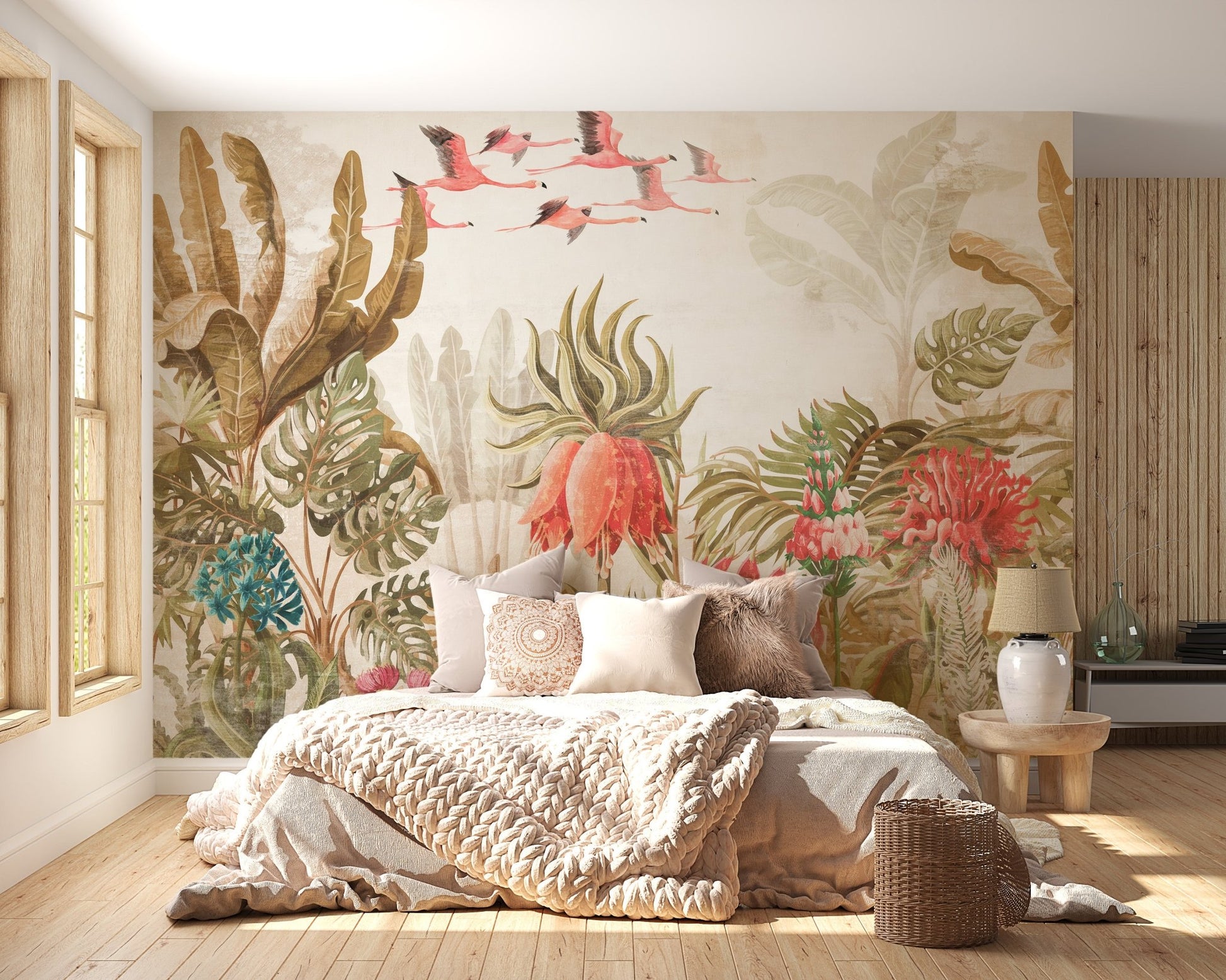 Floral art wall mural in a sunlit bedroom with light wood flooring.