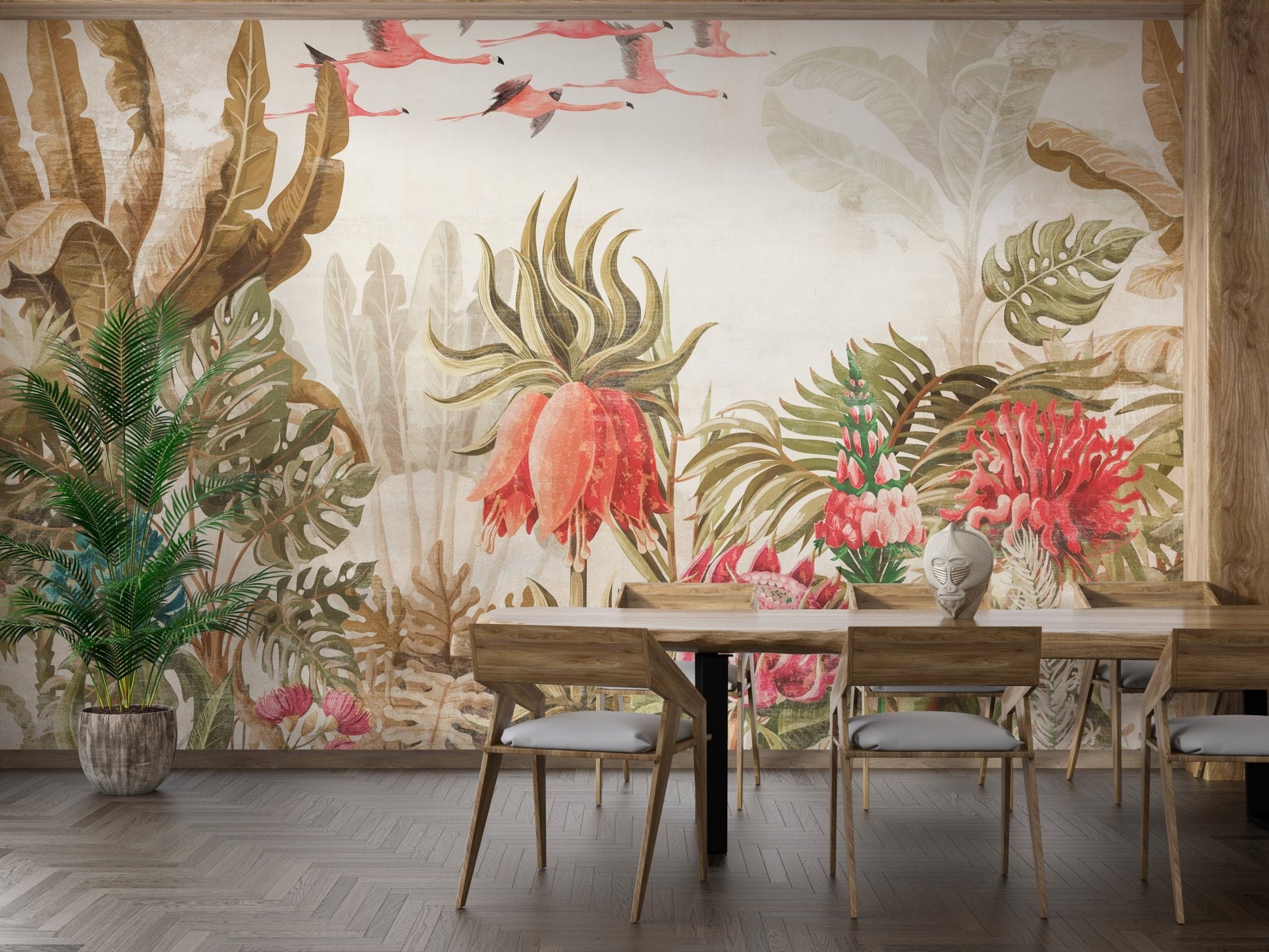 Green leaf art wall mural in a dining area with wooden chairs and table.