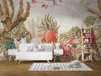 Tropical havana wall mural featuring pink blossoms behind a white sideboard.