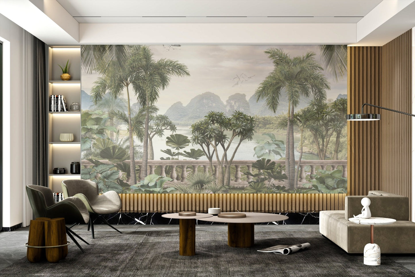 Tropical leaves and misty mountains wall mural for living room
