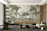 Tropical leaves and misty mountains wall mural for living room
