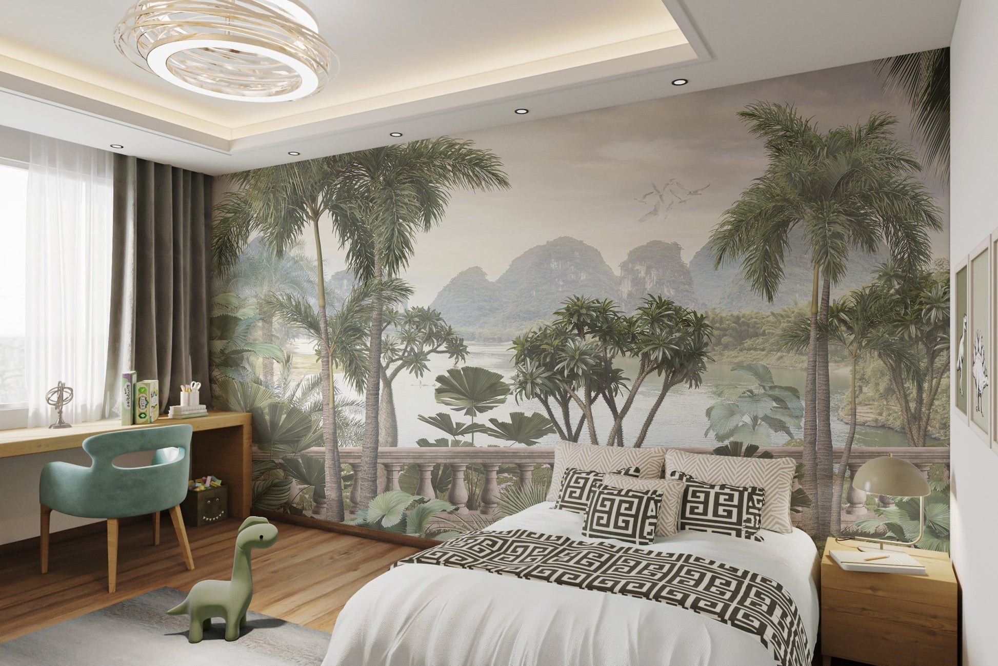 Misty jungle with tropical trees and mountains mural in bright bedroom.