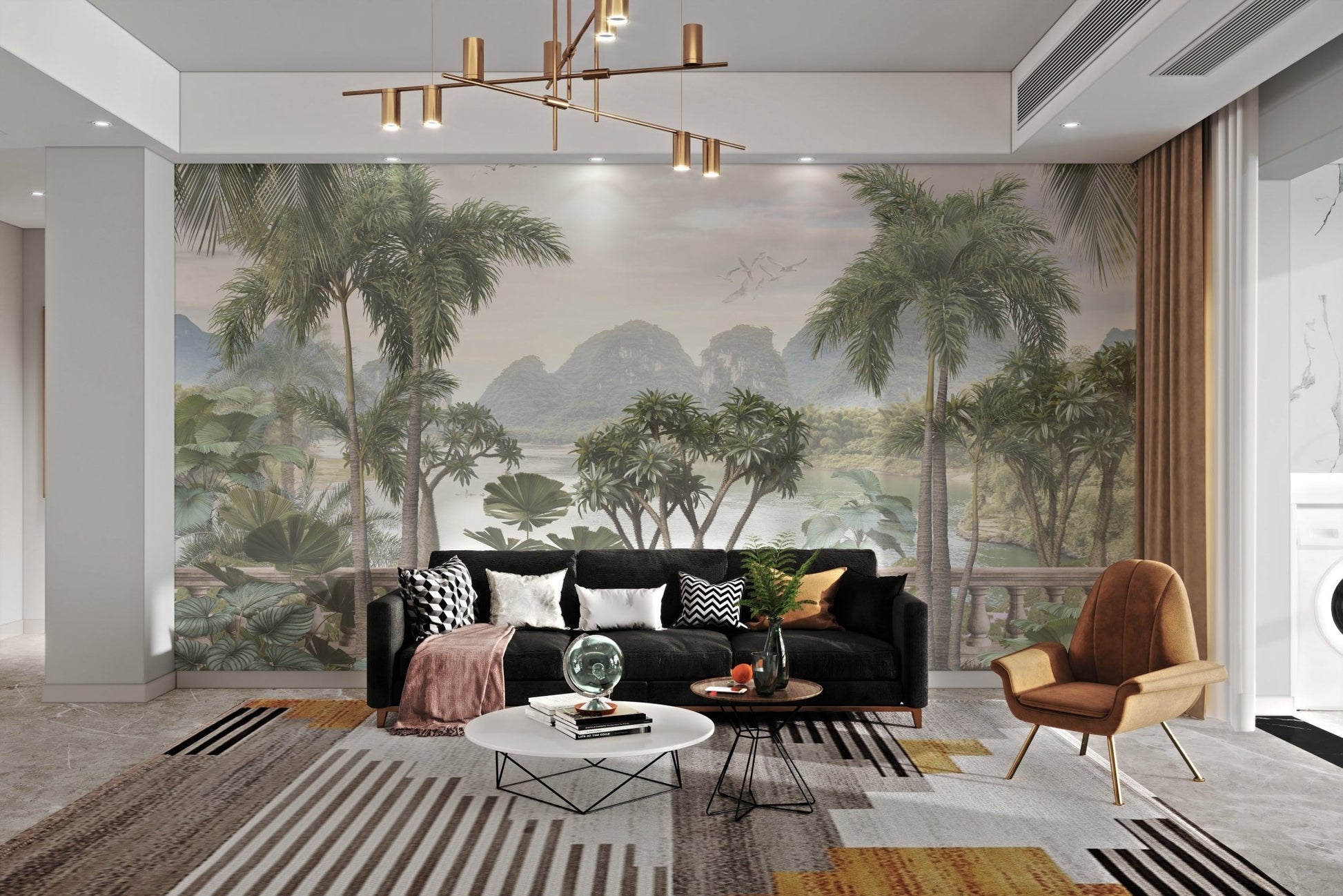 Tropical Forest wall mural with soft fog and lush trees in modern living room.