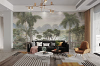 Tropical Forest wall mural with soft fog and lush trees in modern living room.
