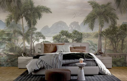 Tropical trees in foggy forest wall mural in bedroom.