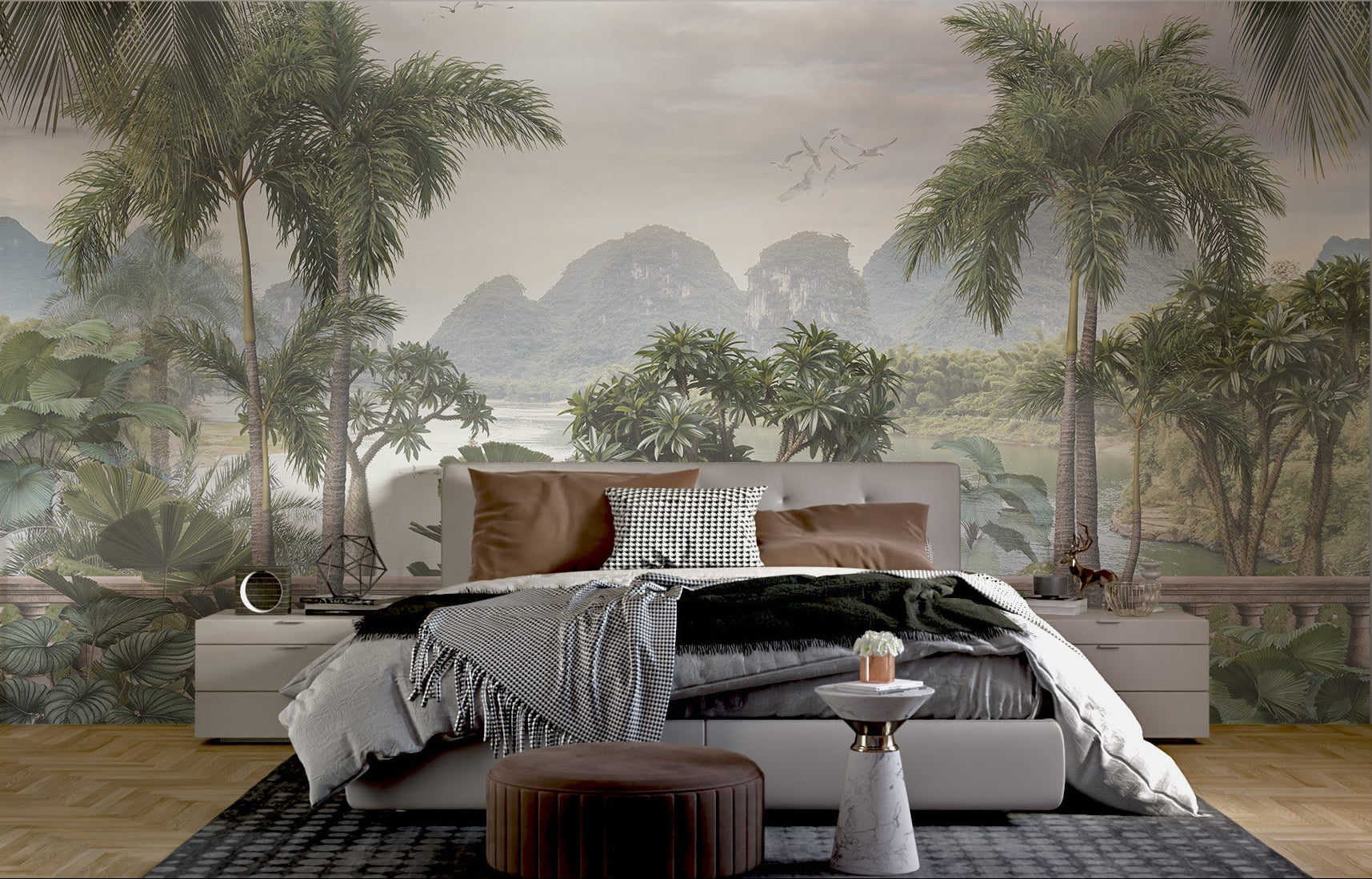 Tropical trees in foggy forest wall mural in bedroom.