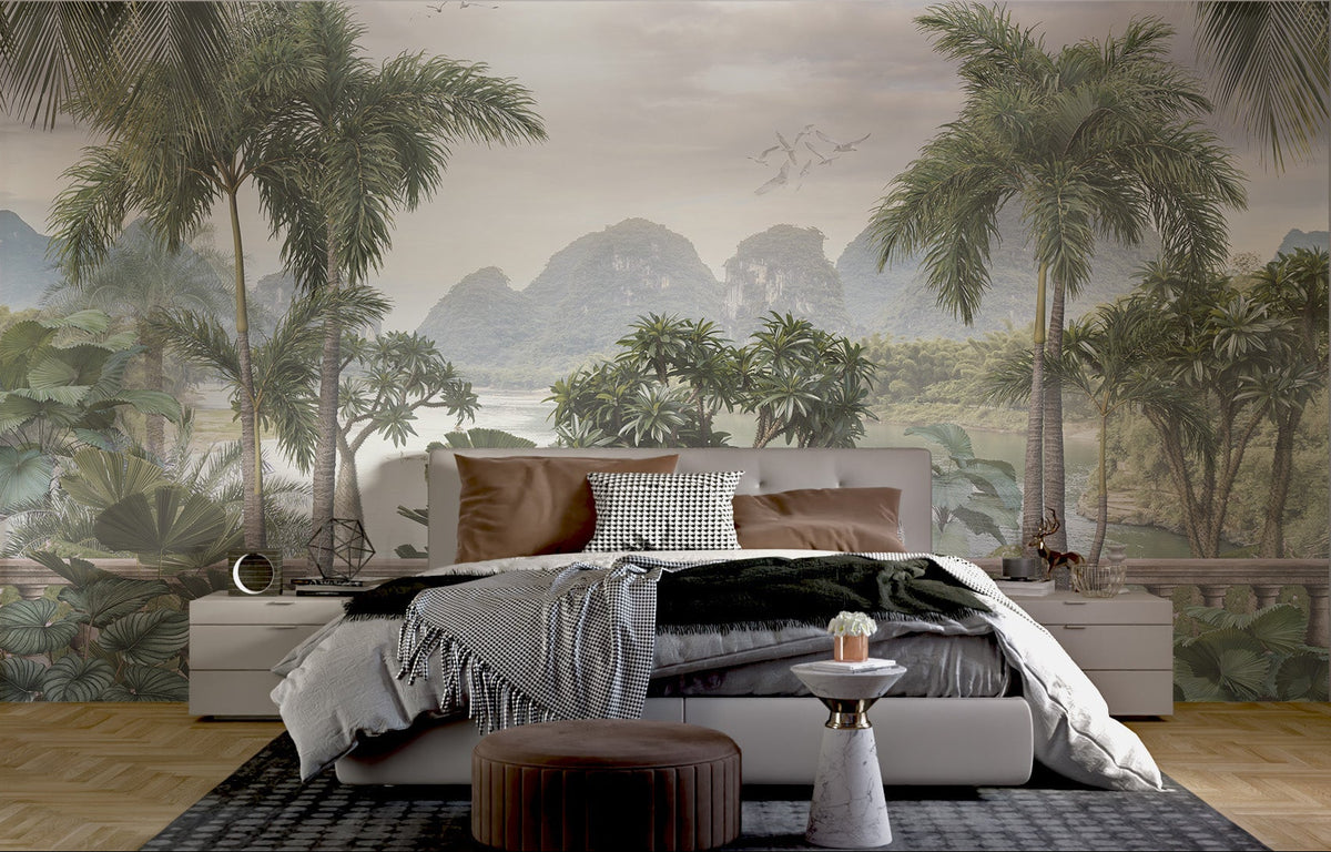 Tropical trees in foggy forest wall mural in bedroom.