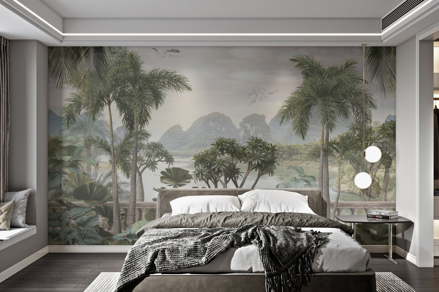 Jungle wallpaper mural with vibrant tropical plants in bright bedroom.