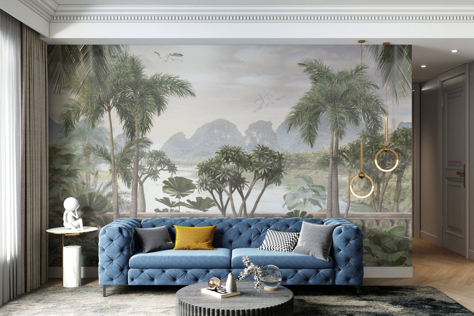 Relaxing tropical scene wall mural for cozy seating area.
