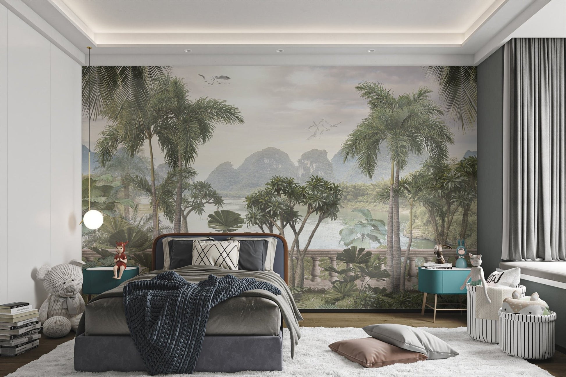 Peel and stick Removable Flying Bird Sky Tropical mural in bedroom.