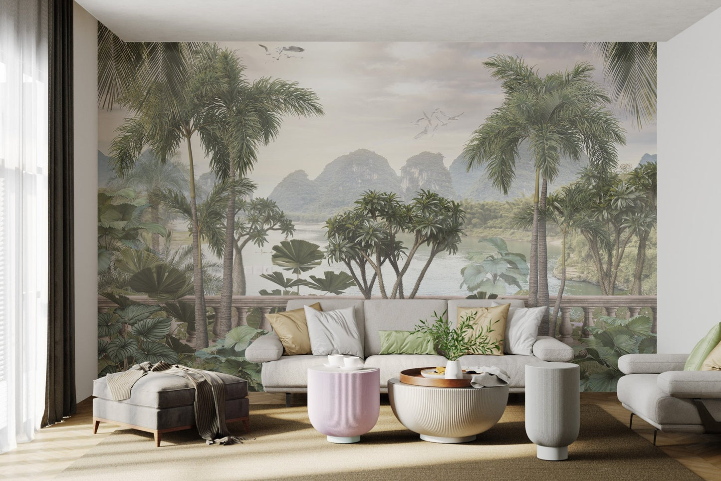 Foggy tropical jungle mural wall mural for peaceful ambiance in living area.