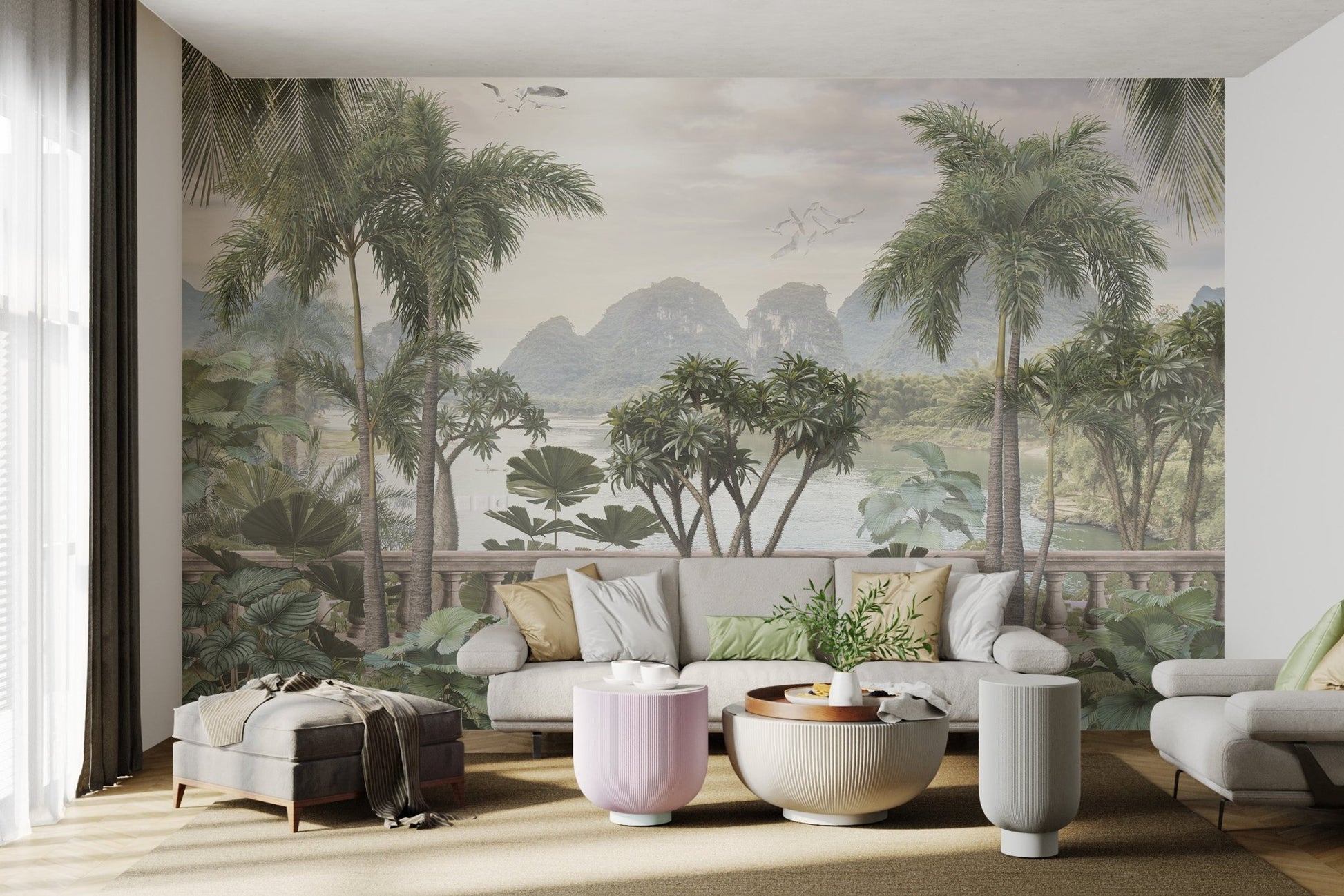 Foggy tropical jungle mural wall mural for peaceful ambiance in living area.