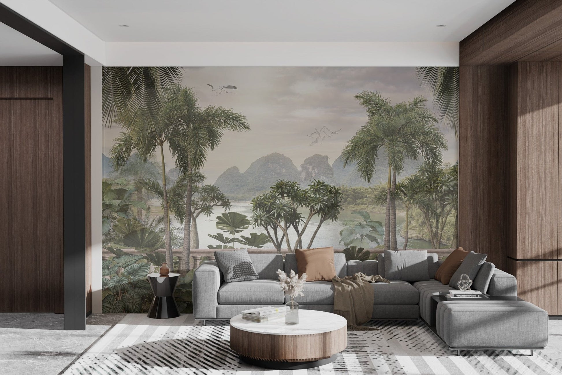 Calm and serene tropical forest wall mural in bright living room.