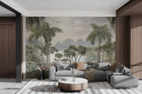 Calm and serene tropical forest wall mural in bright living room.