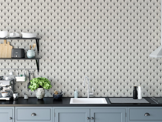 Kitchen backsplash with black arch symmetry wallpaper
