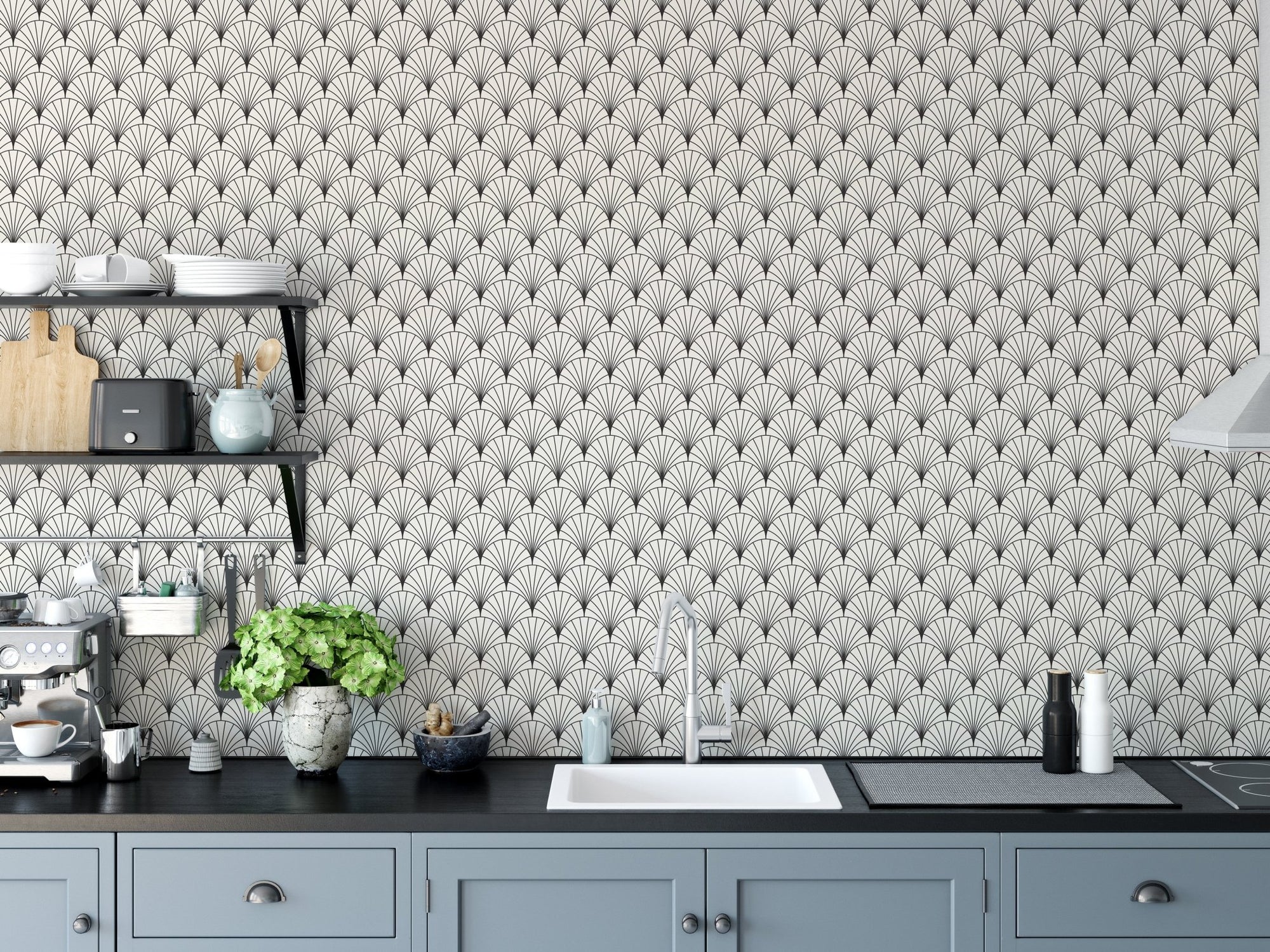 Kitchen backsplash with black arch symmetry wallpaper