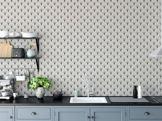 Kitchen backsplash with black arch symmetry wallpaper