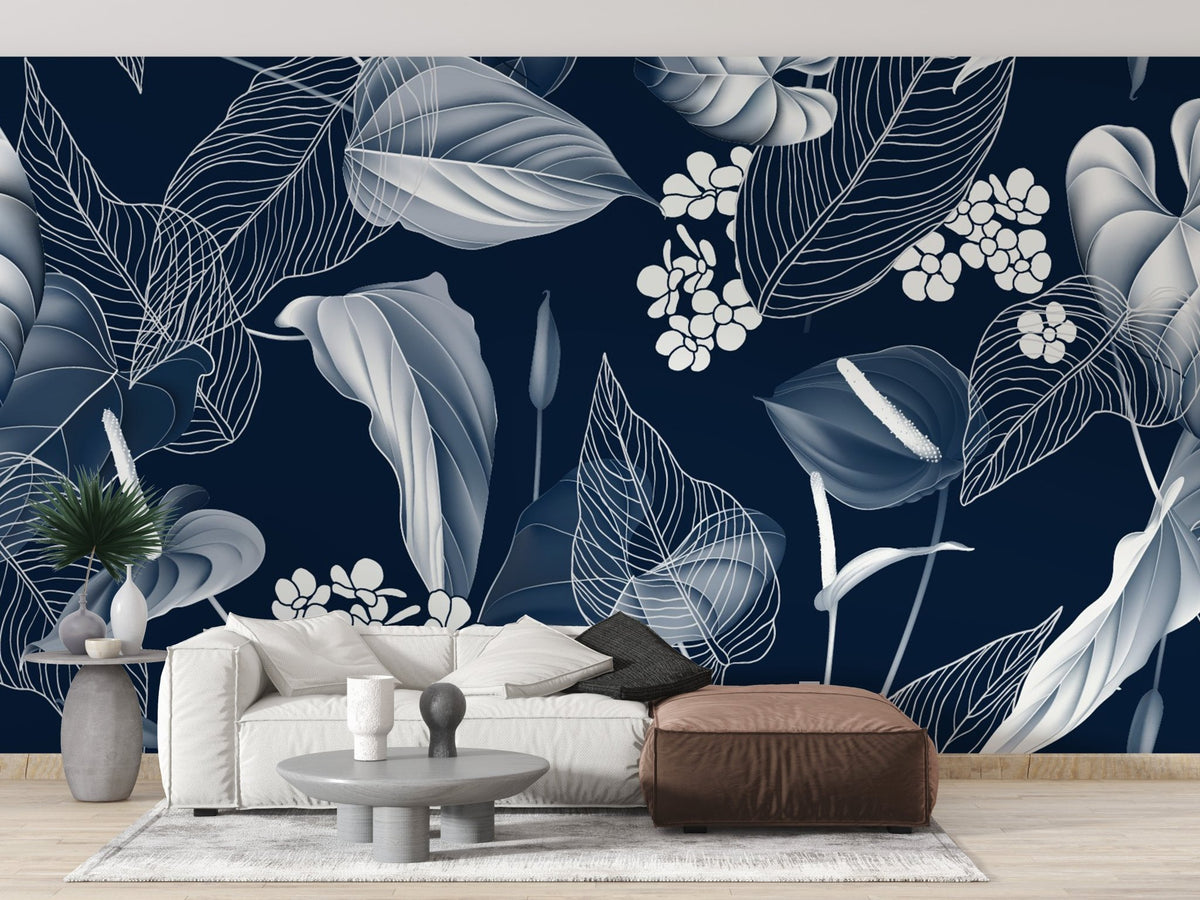 Modern living room with Peel & Stick Dark Blue Floral Delight Murals behind a white sofa.