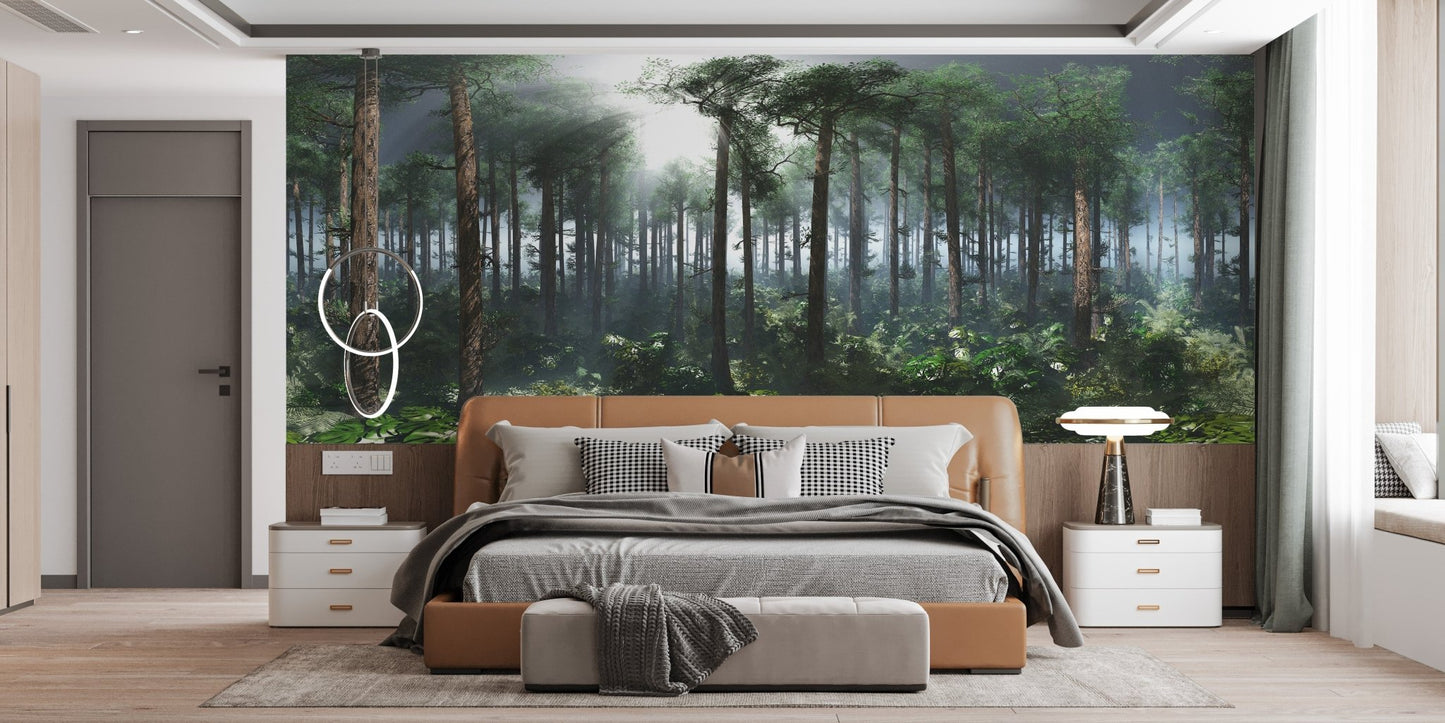 Artistic rainforest wall mural with misty trees and dense foliage in a minimalist bedroom.