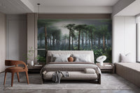 Stylish master bedroom with a forest landscape wall mural in muted green and gray.