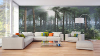 Large living space featuring a scenic foggy rainforest wall mural and white sectional.