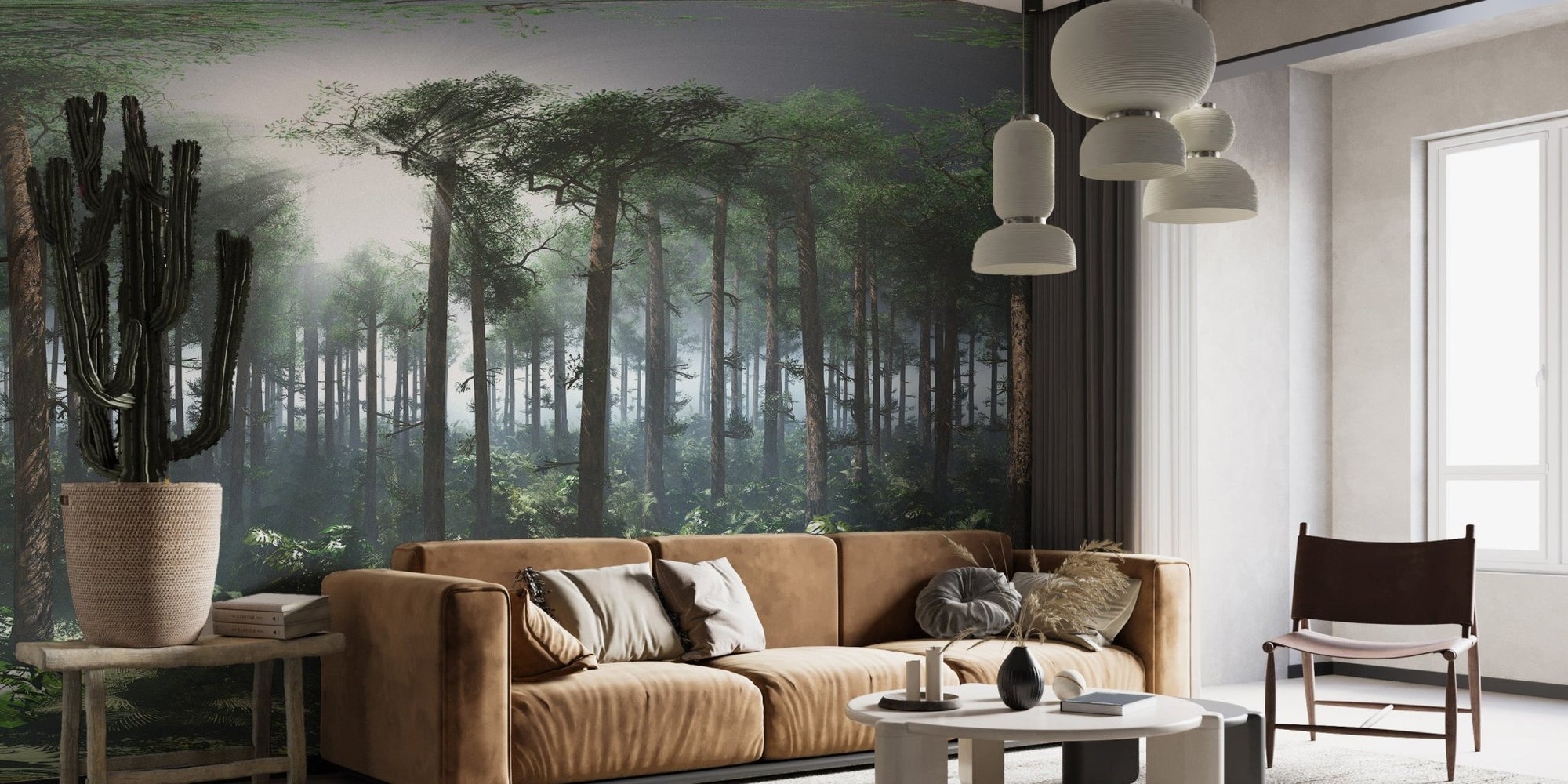 Modern living room with Peel & Stick Foggy Rainforest Murals behind a brown sofa.