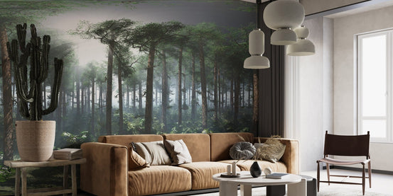 Modern living room with Peel & Stick Foggy Rainforest Murals behind a brown sofa.