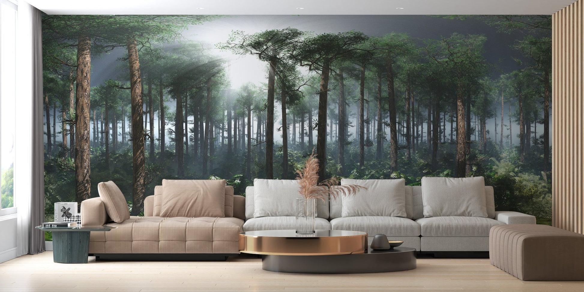 Wide wall mural with a misty pine forest design in a contemporary seating area.