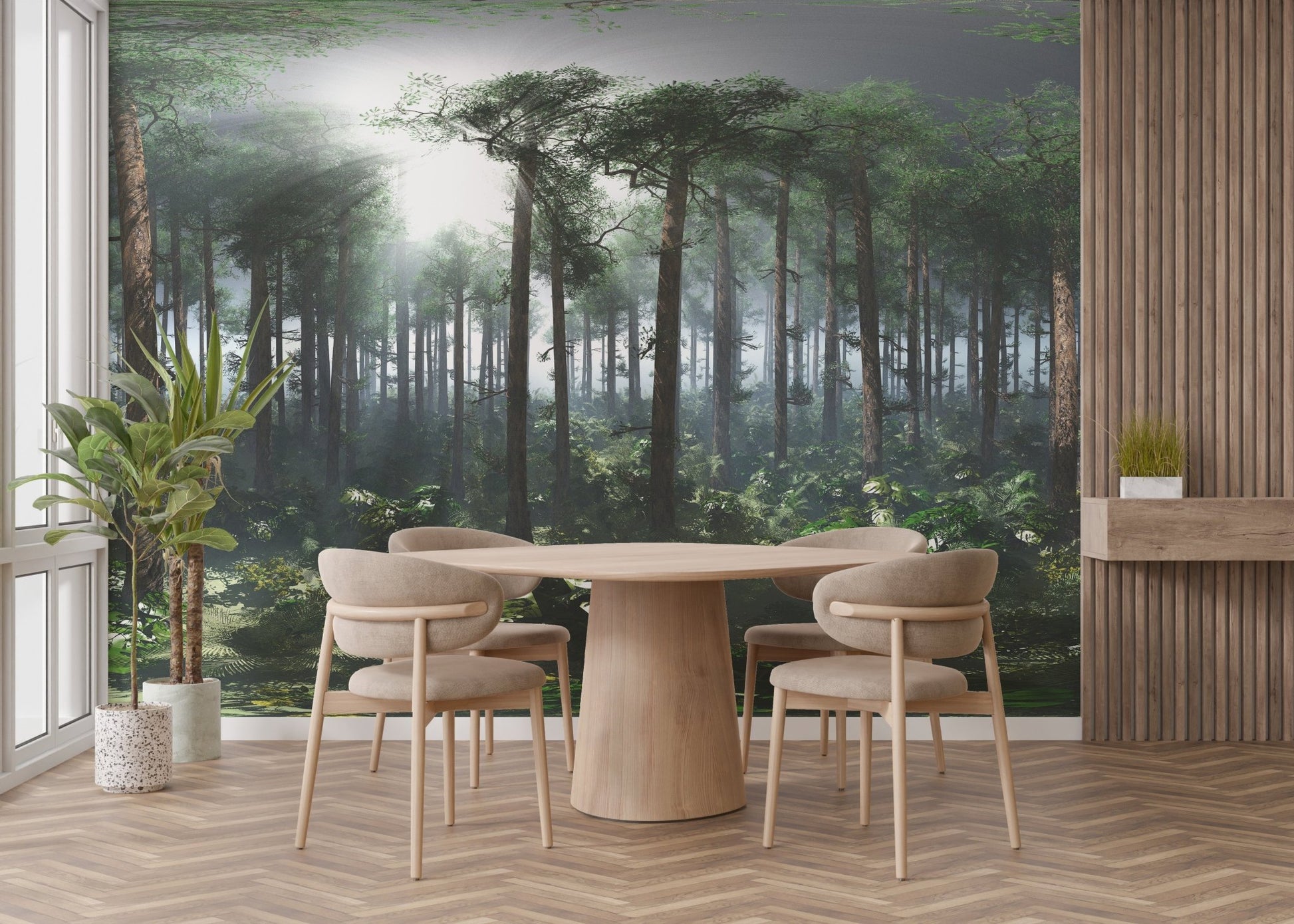 Minimalist dining area featuring a misty forest wall mural with wooden furniture.