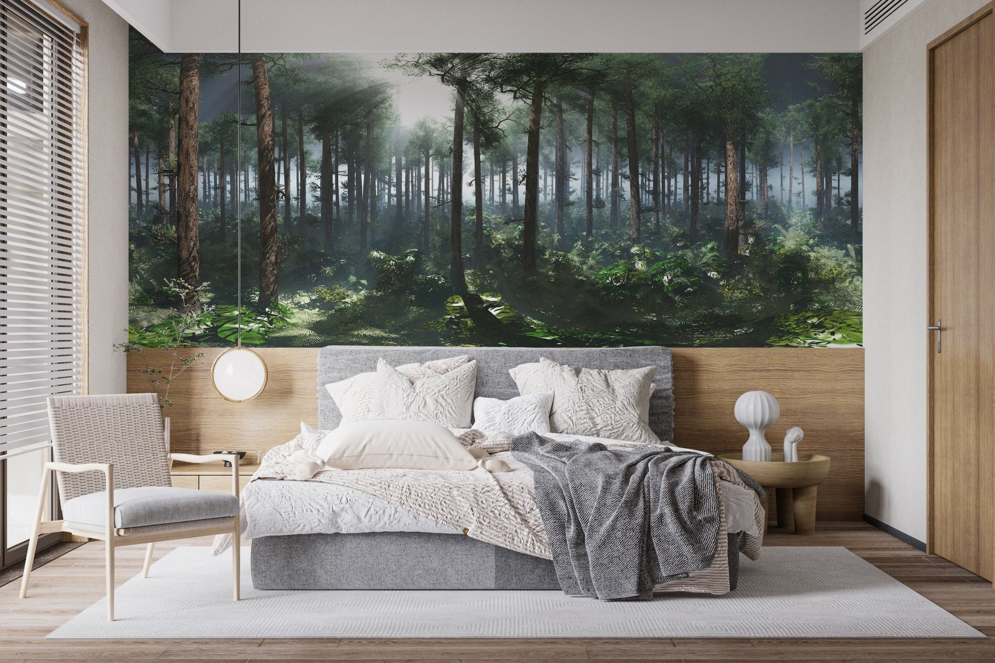 Contemporary bedroom with a dark green pine forest wall mural behind a neutral bed.