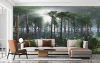 Sophisticated living area wall mural with a scenic rainforest landscape in deep green.
