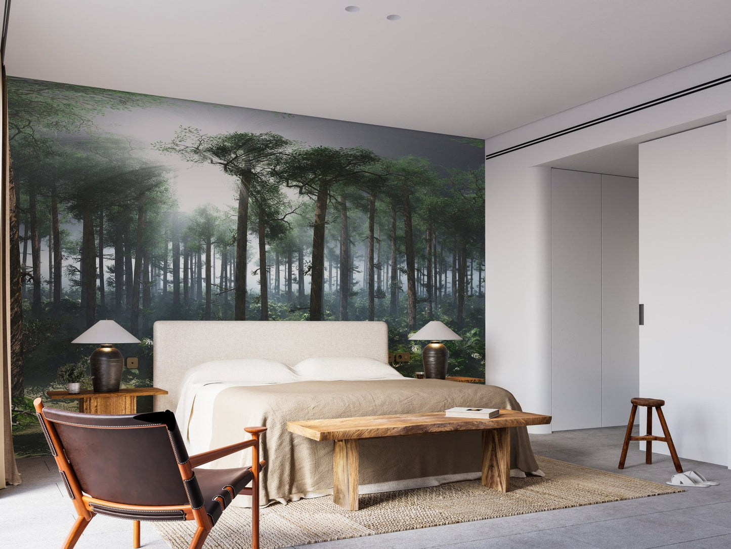 Minimalist home styling using a forest-themed wall mural in a serene bedroom setting.
