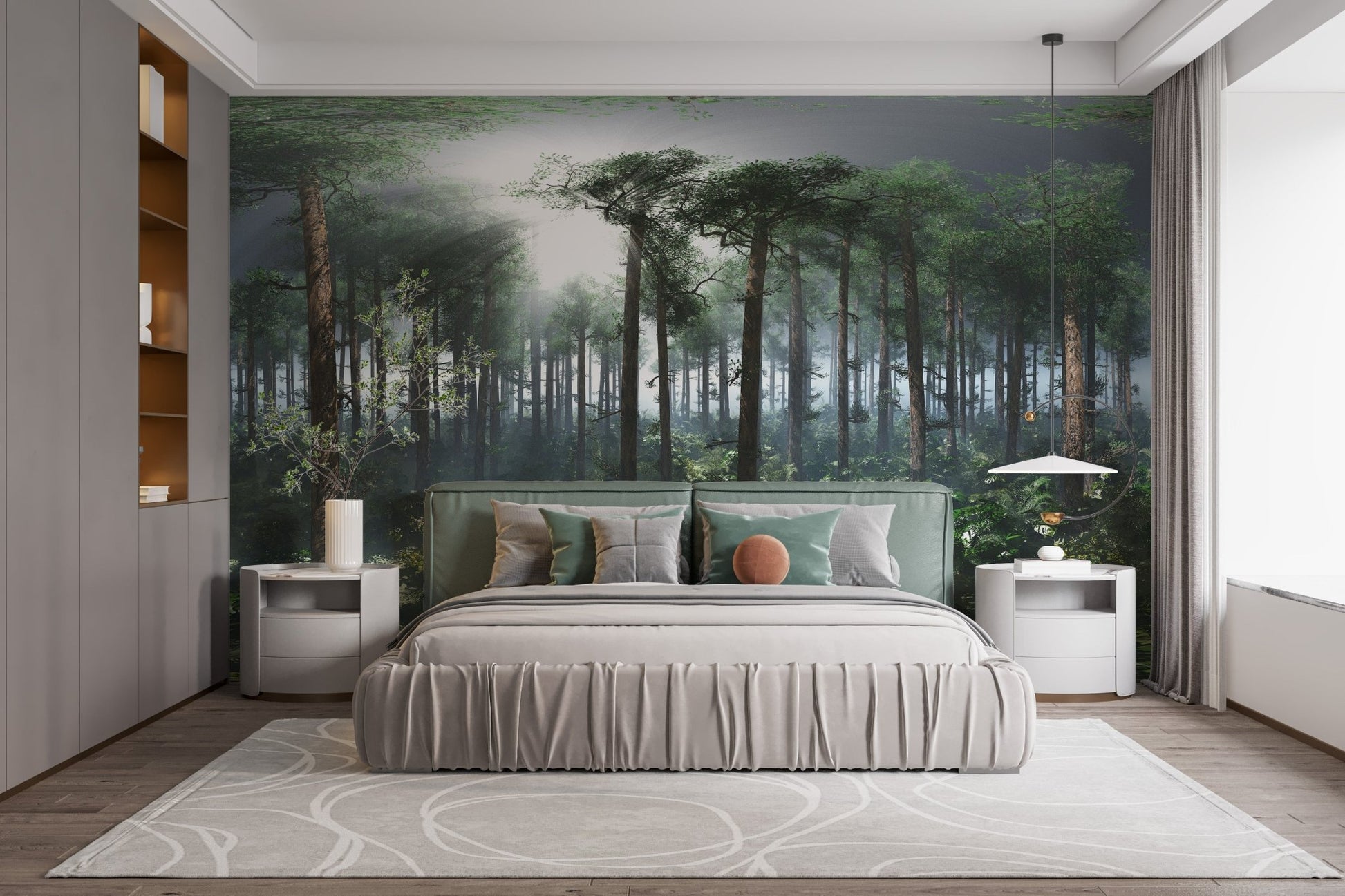 Neutral bedroom decor featuring peel & stick foggy rainforest murals on a feature wall.