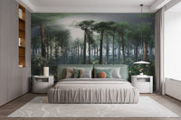 Neutral bedroom decor featuring peel & stick foggy rainforest murals on a feature wall.