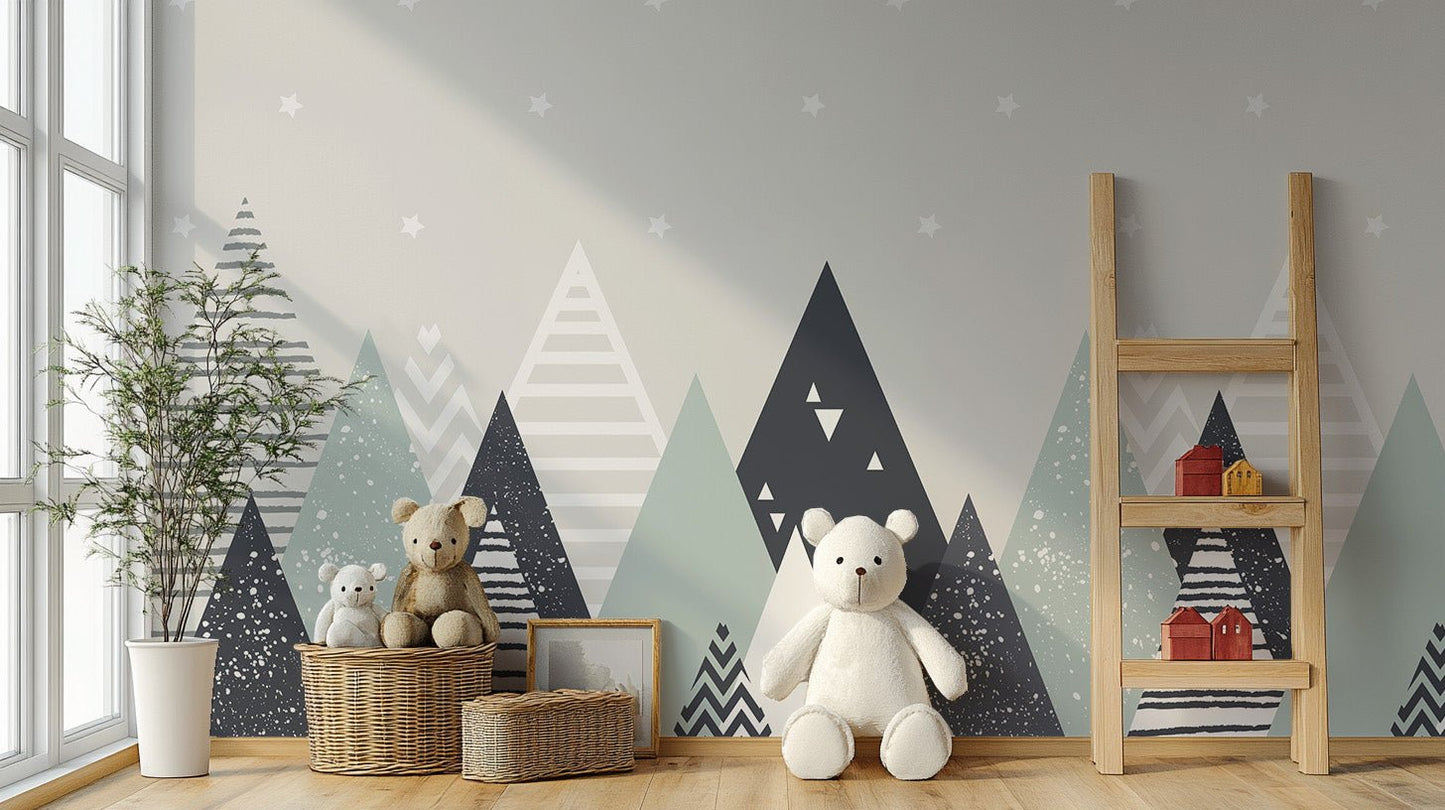 Minimalist peaks pattern wall mural for a nursery featuring plush toys and natural wood.
