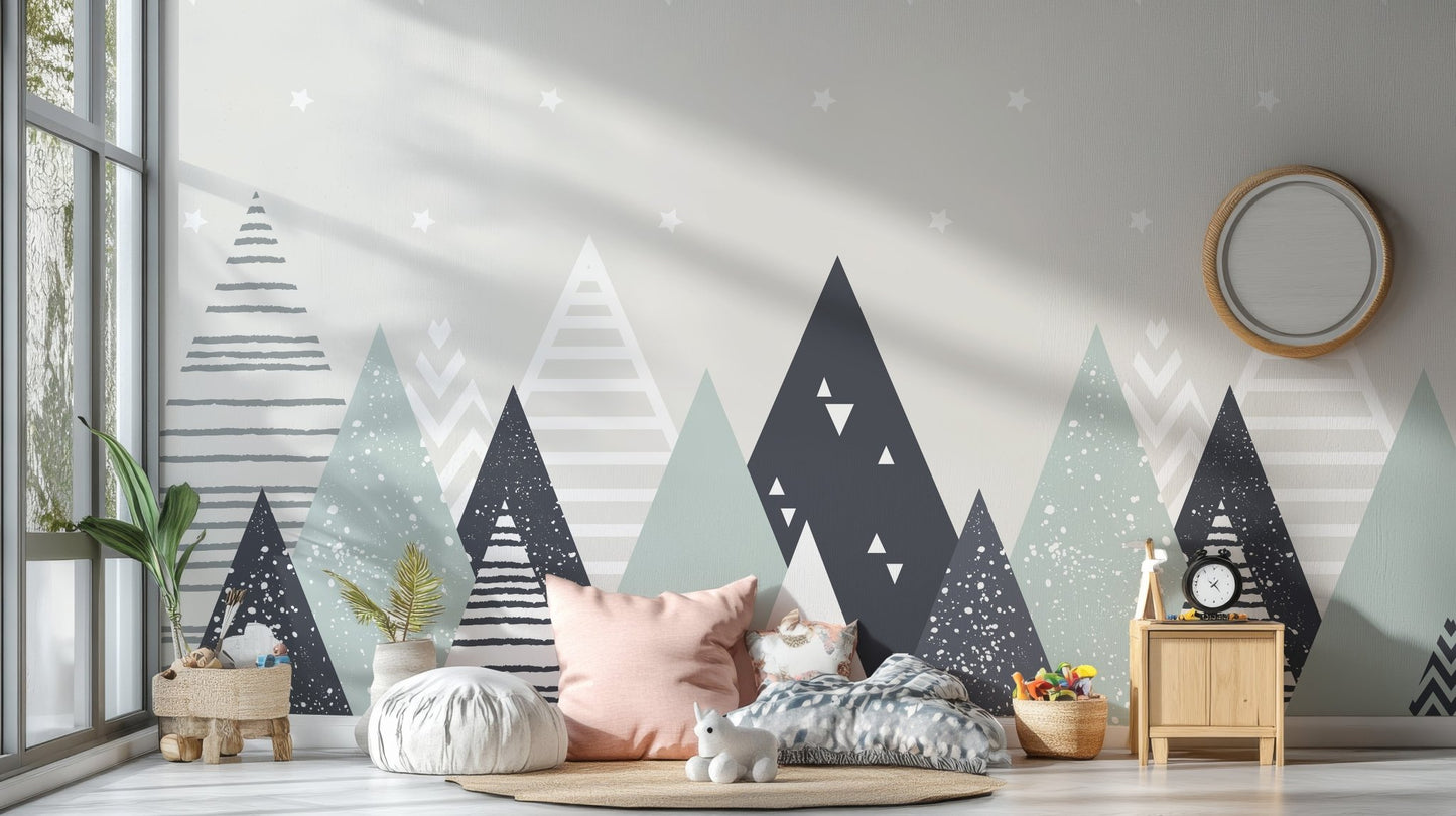 Scandi style wall mural with triangle shapes in a spacious toddler room.