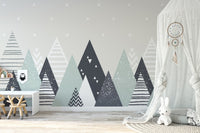 Clean white and charcoal triangle patterns wall mural for a modern nursery.