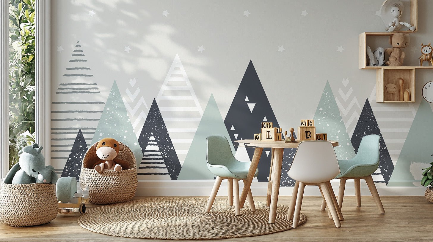 Modern triangle patterns wall mural in a bright children's study room.