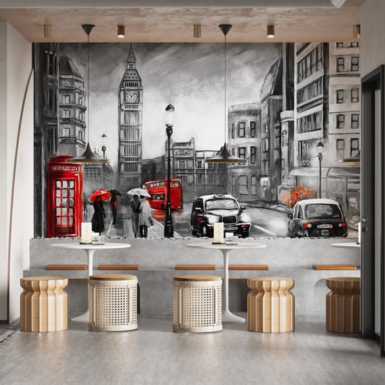 Pencil Sketch London City View Murals in a cafe with wooden stools and white tables.
