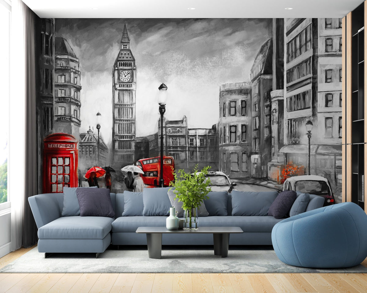 Blue sofa in front of a London city sketch wall mural with red phone box accents.