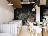 Peony Garden at Dusk Living Room Murals in a modern cafe with white seating.
