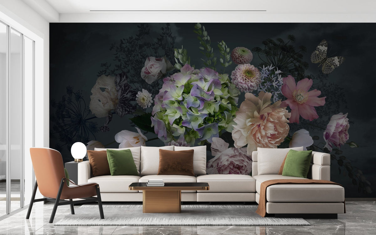Peony garden dusk mural in an open plan lounge area with a tan leather chair
