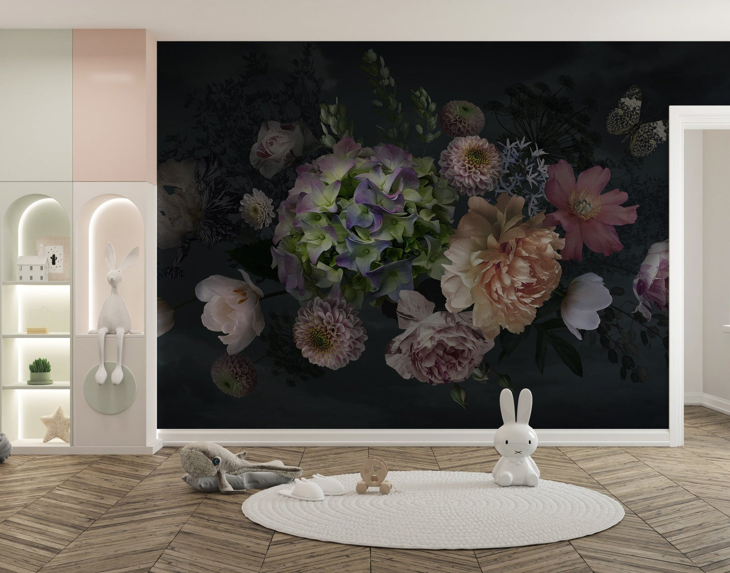 Peony garden mural at dusk in a children's play area with a white circular rug
