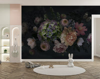 Peony garden mural at dusk in a children's play area with a white circular rug

