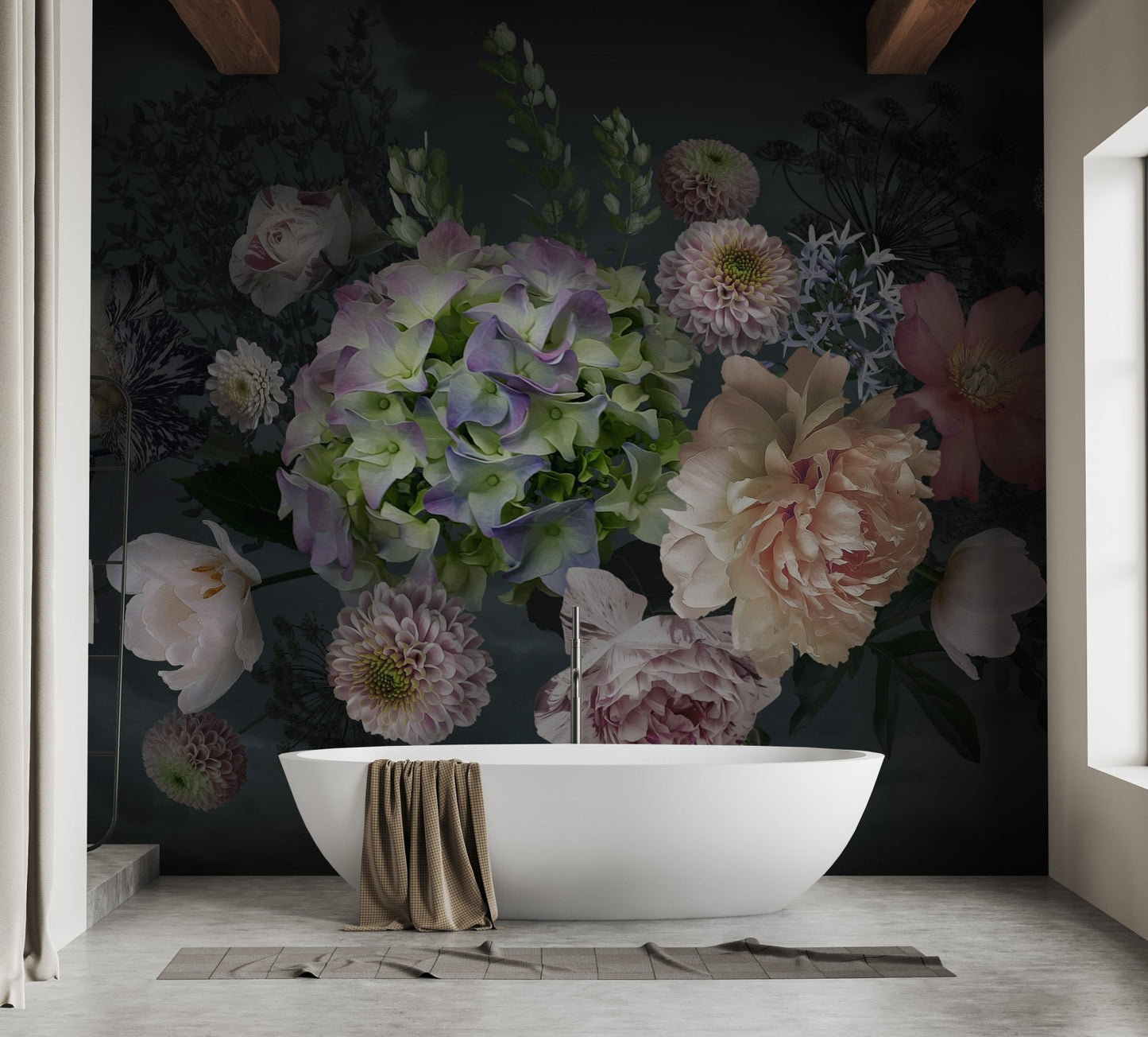 Dark peony floral wall mural behind a white freestanding bathtub in a minimalist bathroom.