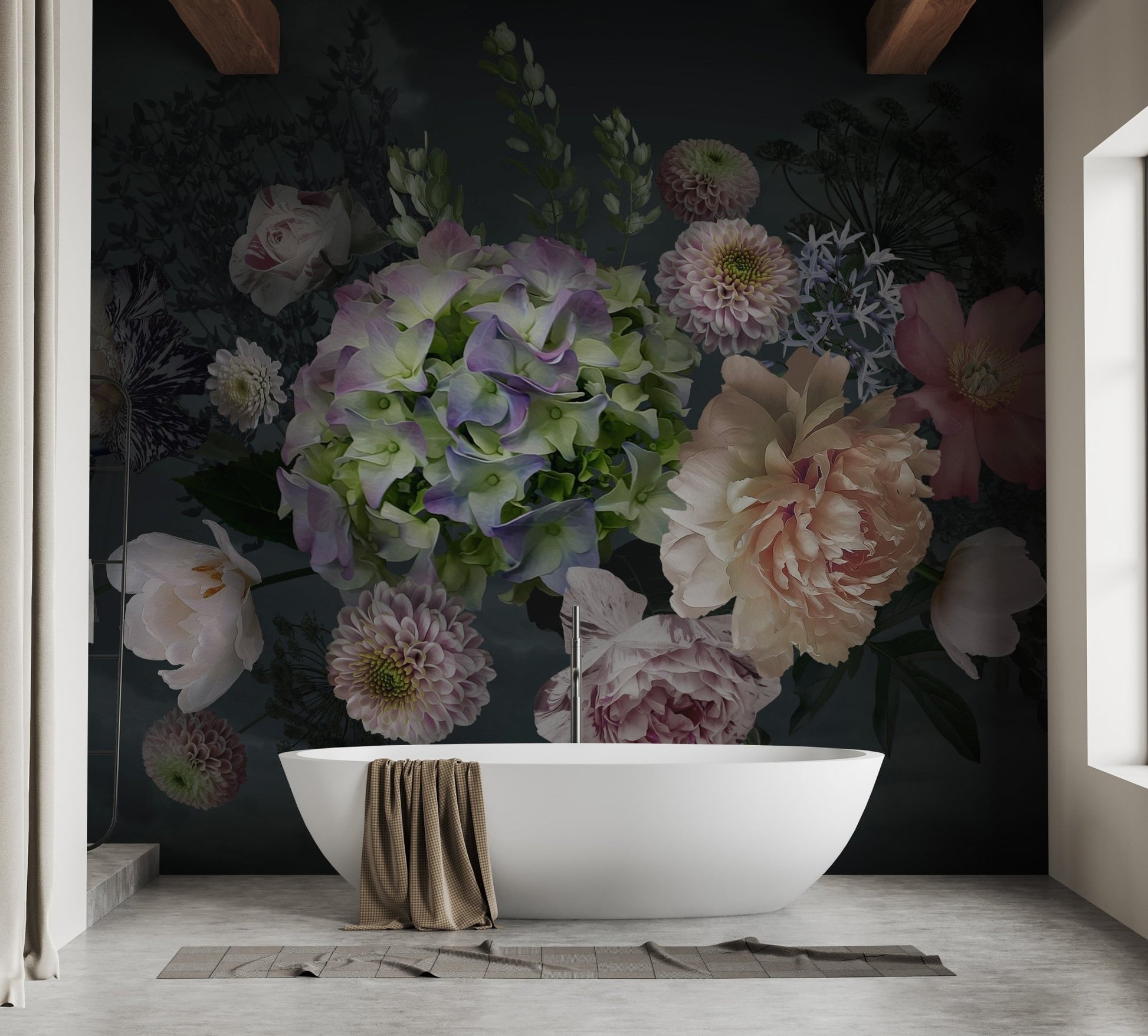 Dark peony floral wall mural behind a white freestanding bathtub in a minimalist bathroom.